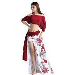 밸리 댄스 라인 댄스복 성인 벨리 의상 연습 옷 인도 스타일 인쇄 된 여자 매일 춤 높은 분할 스커트 짧은 탑, l, 진한 빨간색
