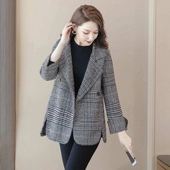 FANSYLI 여성 가을 겨울 모직 코트 정장 넥 체크 숏 자켓 밑단 트임 루즈핏 추동 코트 X7J20