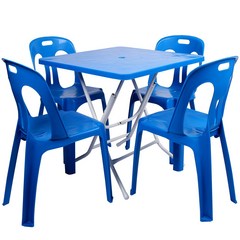 지오리빙 플라스틱 테이블 의자 세트, 사각+등받이(블루)