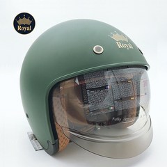 로얄헬멧 오픈페이스 M139 바이크 헬멧 무광 매트 카키 그린 밀리터리 빈티지 하이바 레트로 클래식 텐덤 안전 인증 (기본 쉴드 포함), 매트 카키 L(56-57cm)