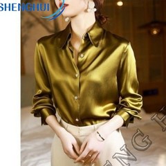 SHENGHUI실크 셔츠 여성 패셔너블한 디자인 긴팔 실크 루즈핏 블라우스+SH6*4L