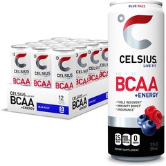 Celsius 셀시어스 BCAA +에너지 음료 스파클링 블루라즈 12 oz 12캔 포스트-워크아웃 리커버리 & 하이드레이션 드링크