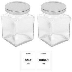 홈앤라이프 유리 사각 양념통 200g x 2p + 실버캡 2p + 투명 라벨 스티커 소금 + 설탕, 1세트