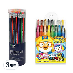코마 삼각지우개연필 SG-208 48p + 지구화학 뽀로로 미니 16색 색연필, 혼합색상, 3세트