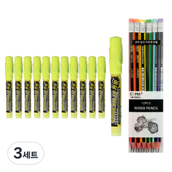 동아 블랙보드마카 12p + 투코비 삼각 지우개 연필 SG-208 12p 세트, 형광노랑(보드마카), 혼합색상(지우개연필), 3세트
