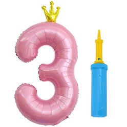 제이벌룬 은박 왕관 숫자 풍선 대 + 손펌프 세트, 3 핑크(풍선), 색상 랜덤발송(손펌프), 1세트