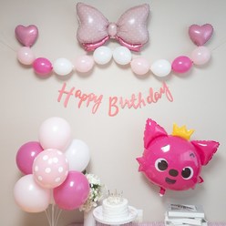 연지마켓 생일풍선 생일파티용품 리본풍선 세트, 핑크 핑크퐁 세트