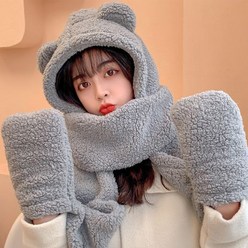PKMALL 1+1 러블리 곰돌이 모자 목도리 장갑 다용도 귀여운 털 방한용품 털목도리 털장갑