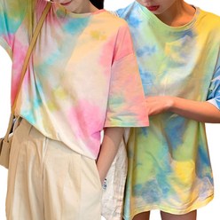 여성 루즈핏 솜사탕 물 나염 타이다이 프린팅 반팔 티셔츠