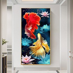 Zhangzhou Guoxing재물복 대운이 들어오는 연꽃 금붕어 물고기 두마리 보석십자수 화려한 풍수 비즈 그림, 50x90cm