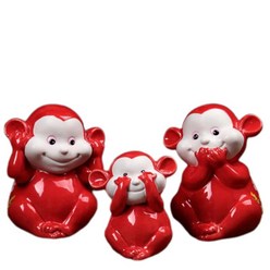 무병장수 붉은원숭이 도자기 인형 3p 인테리어 소품 센스있는 집들이 선물 돈들어오는 장식, 레드-입 가린 원숭이
