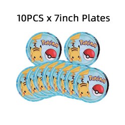 포켓몬 피카츄 테마 생일 파티 식기 세트 장식 배너 플레이트 스푼 컵 아이 용품 장난감 선물, [07] 10pcs 7inch plates