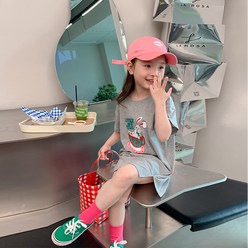 에모베베 소녀 반팔 원피스 중롱 티셔츠 2022 여름 어린이 캐주얼 캐릭터 프린트 스커트 T