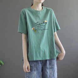 여성 여자 면 반팔 쿨링 여름 오버핏 프린팅 기본 플라워 티셔츠