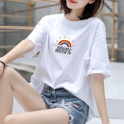 반팔 티셔츠 여성 느슨한 여름 새로운면 티셔츠 크루 넥 프린트 재킷 한국 바닥 셔츠 디자인 감각
