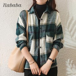 나바바 NB1775 여성 캐주얼 도톰 따뜻한 모직 체크 긴팔 셔츠