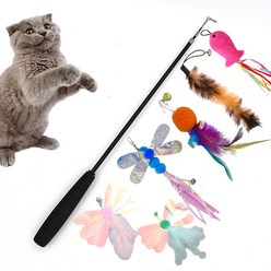 고양이 3단 낚시대 야옹이 깃털 와이어 장난감 세트, 1세트, 블랙