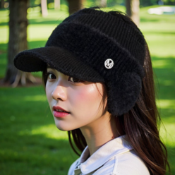 새론일상 여성 방한 귀도리 니트 골프 썬캡 모자, 블랙, 1개