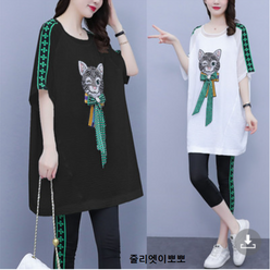 줄리엣이뽀 (당일출고) 여름 진주 고양이무늬 오버핏 롱티셔츠와 허리밴딩 7부레깅스 상하의 세트룩 KJK-3635
