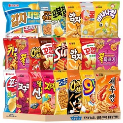 봉지 과자 26종 세트 오리온 최고스낵 4묶음 감자 패밀리팩 인기스낵 꿀바새감 고감자꿀 롯데스낵 4종 크라운 크크스낵 ( 콘칩 죠리퐁 신짱 카레멜콘땅콩 ) 스낵, 1세트, 봉지과자 26종