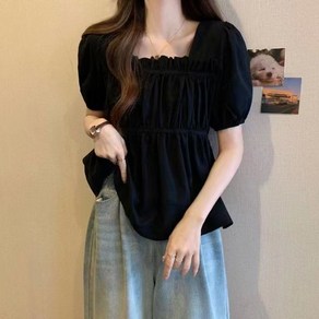 휠렉스 여성 주름 스퀘어넥 반팔 루즈핏 블라우스 JA15