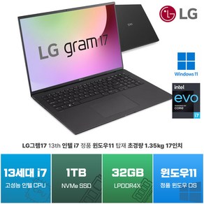 LG그램 15인치 16인치 17인치 인텔 최신 13세대 16GB 32GB 1TB 2TB WIN11 360도회전 2in1 터치 스크린 노트북, 17ZB90R-K.ADC8U1, WIN11 Home, 블랙
