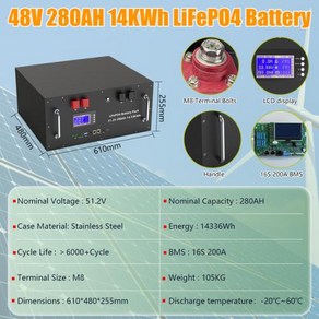 LiFePO4 48V 150Ah 배터리 팩 100Ah 200Ah 16S 51.2V 7.6KWh 에너지 저장 200A BMS RS485 캔 6000 + 사이클 최대 32 병렬, 6)48V 280Ah 14KWh