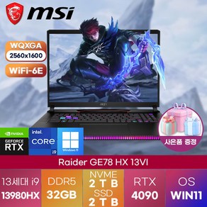MSI 노트북 Raider GE78 HX 13VI WIN11 게이밍 고성능 노트북, WIN11 Pro, 32GB, 4TB, 코어i9, 블랙