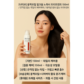 [나티보] 동백오일 밀크폼 노워시 트리트먼트 200ml / 끈적임 없는 데일리 헤어케어 / 씻어낼 필요 없는 트리트먼트/동백오일 함유 / 노워시 타입 / 산뜻한 윤기+보습케어, 1개, 150ml
