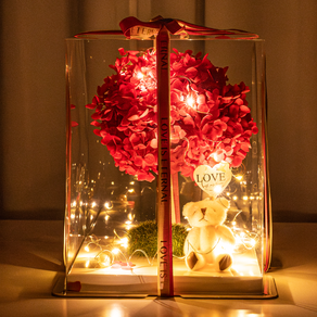 라운드오프 "1000일 동안" 시들지 않는 LED 보존화 꽃다발, 수국 레드