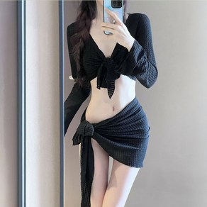 유가티 비치 커버업 시스루 비키니 4세트, 블랙