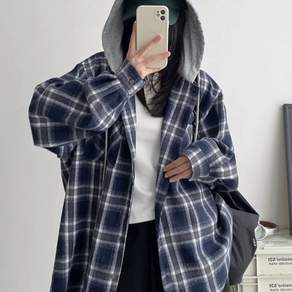 투니스 여성 빈티지 체크 루즈핏 후드 긴소매 셔츠