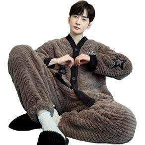 L-4XL 겨울 남자 잠옷 세트 데일리 따뜻한 양털 파자마 긴팔 상하의세트