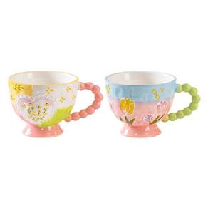 Wendini 큐트 브렉퍼스트 머그컵 450ml 2개입, 1개, 핑크 하트 플라워 + 그린 손잡이
