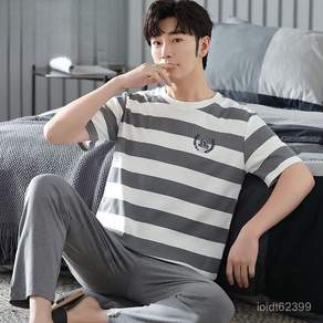 choyur 남성 파자마 여름 순면 반팔 얇은 파자마 라운드 세트 SHM003