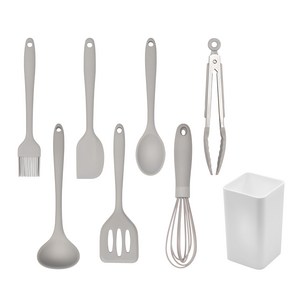 벨라쿠진 미니 실리콘 키친툴 8종 세트, 스푼+뒤집개+국자+스파츌라+브러쉬+거품기+집게+홀더, 그레이, 1세트