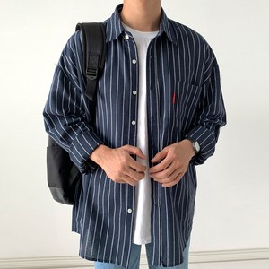 제이에이치스타일 남성용 오버핏 포켓 스트라이프 긴팔 셔츠 여성캐주얼스타일