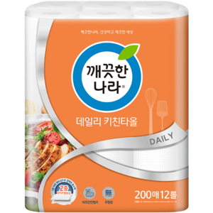 깨끗한나라 데일리 천연펄프 키친타올 200매, 12개입, 1개