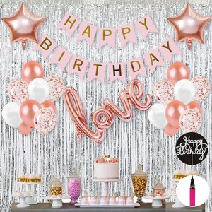 올리브파티 생일파티용품 실버 호일커튼 세트, 실버(커튼, 픽), 랜덤발송(손펌프), 로즈골드(컨페티, 풍선, 별풍선), 1세트