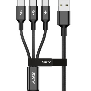 스카이 비트 27W 3in1 USB to C타입 고강도 패브릭 멀티 고속 충전 메탈 케이블, 200cm, 블랙, 1개