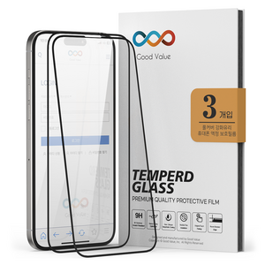 굿밸류 풀커버 강화유리 휴대폰 액정 보호필름 3p 세트 투명 블랙 테두리, 1세트