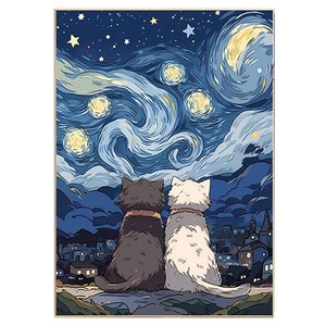 쿠미핸즈 별이 빛나는 고양이 캔버스형 보석십자수, 40 x 60 cm, 1개