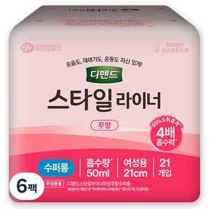 디펜드 여성용 스타일 라이너 무향 수퍼롱 성인기저귀, 21매입, 6팩