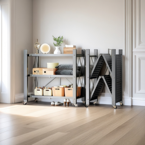 아이코지 원터치 접이식 다용도 이동식 철제 선반, 블랙, 3단