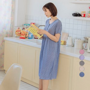 도씨 여성용 냉감 체크 반팔 잠옷 원피스 D3953