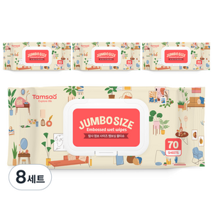 탐사 점보 사이즈 도톰한 엠보싱 물티슈 캡형, 8세트, 70매입, 50g