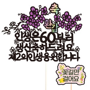 비비드레인 환갑 고희 생신 케이크 토퍼 + 픽 세트, 24 인생은 환갑, 1세트