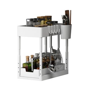 21세기트랜드 다용도 2단 높이조절 슬라이딩 정리대 +바스켓 + 고리 4p 세트, 화이트, 1세트