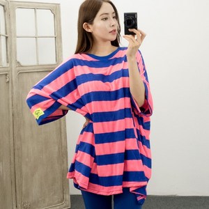 와펜 단가라 오버핏 반팔 빅사이즈 스트라이프 티셔츠 롱티