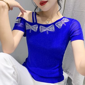 댄스복 상의 여성용 망사 크로스 넥 오프숄더 핫픽스 리본 반팔 티셔츠+ Women's T-shirt